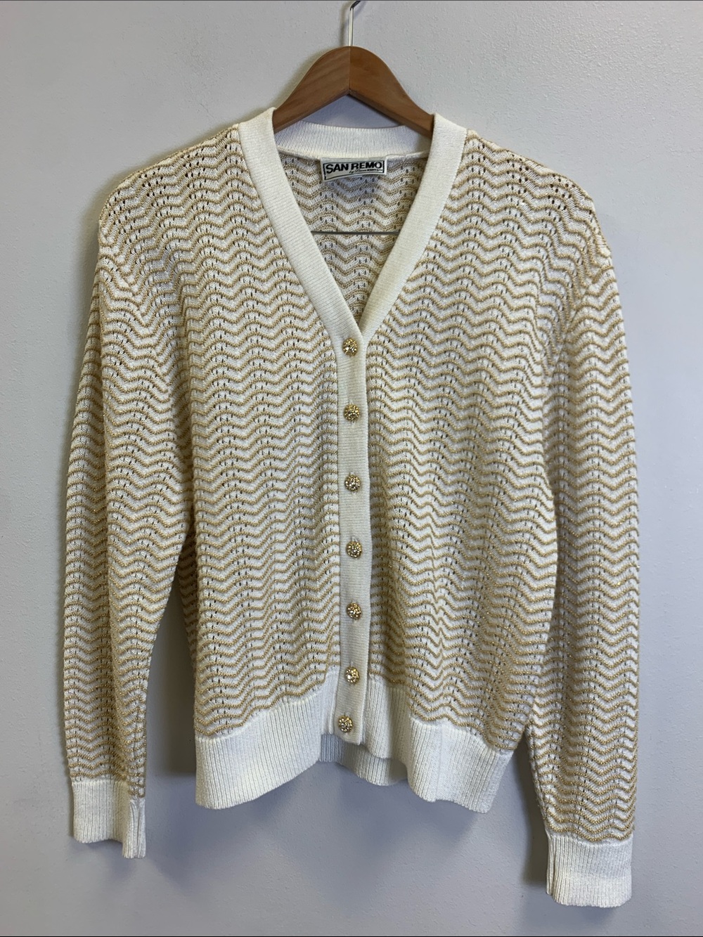 San Remo Cream and Gold Textured V-Neck Cardigan